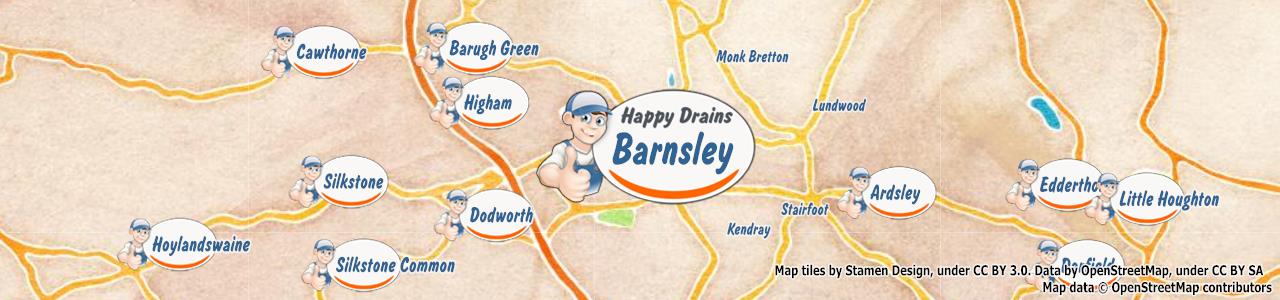 Service area map showing Happy Drains coverage across Barnsley Town Centre, Worsborough, Monk Bretton, Kendray, Ardsley (S70, S71)