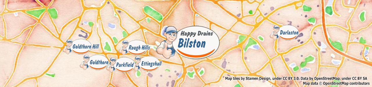 Service area map showing Happy Drains coverage across Bilston, Willenhall, Bradley, Moxley, Darlaston (WV13, WV14)