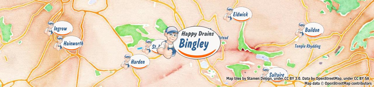 Service area map showing Happy Drains coverage across Bingley, Bradford, Cleckheaton, Shipley (BD1, BD16, BD17, BD19)