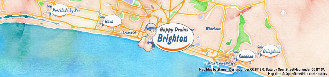 Service area map showing Happy Drains coverage across The Lanes, North Laine, Seven Dials, Hanover, Preston Park (BN1)