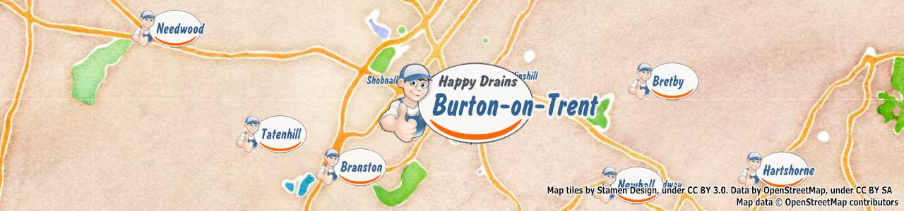 Service area map showing Happy Drains coverage across Burton On Trent (DE13)