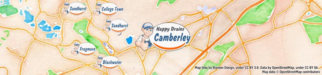 Service area map showing Happy Drains coverage across Camberley, Bagshot, Lightwater, Windlesham (GU15, GU18, GU19, GU20)