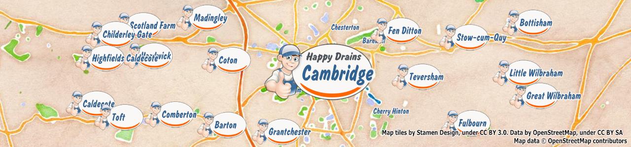 Service area map showing Happy Drains coverage across Cambridge (CB1)