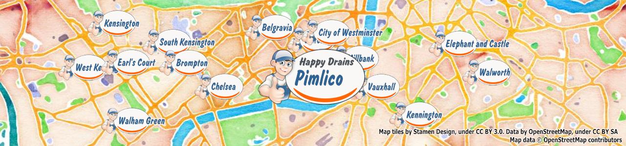 Service area map showing Happy Drains coverage across Vauxhall Bridge (SW1V)