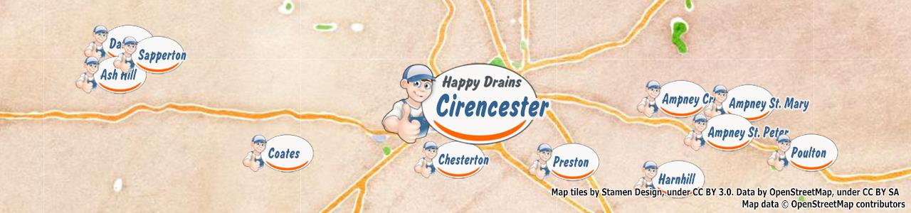 Service area map showing Happy Drains coverage across Cirencester (GL7)