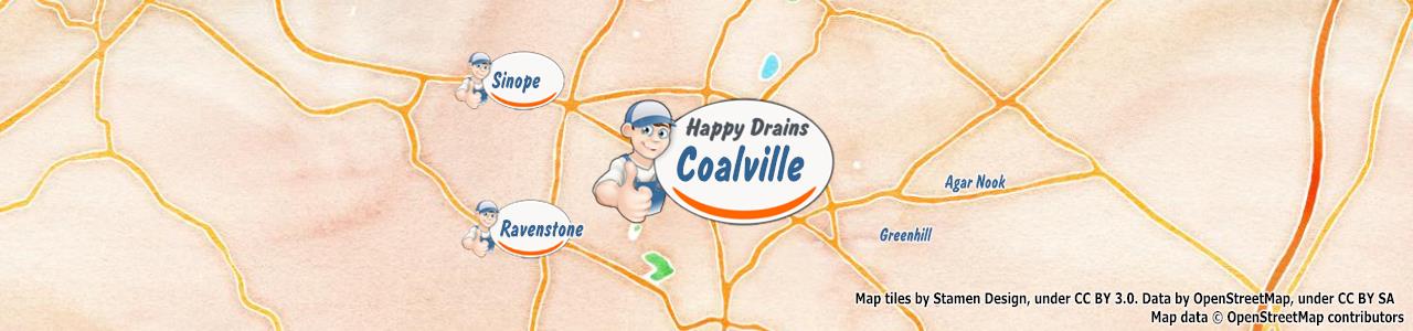 Service area map showing Happy Drains coverage across Coalville, Ashby De La Zouch (LE65, LE67)