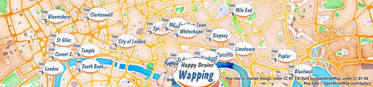 Service area map showing Happy Drains coverage across East London, Bethnal Green (E1, E2)