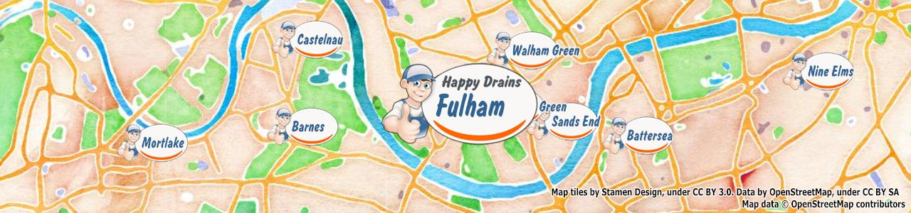 Service area map showing Happy Drains coverage across Fulham (SW6)
