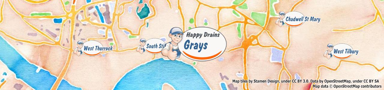 Service area map showing Happy Drains coverage across Grays, Purfleet, South Ockendon (RM15, RM16, RM19)