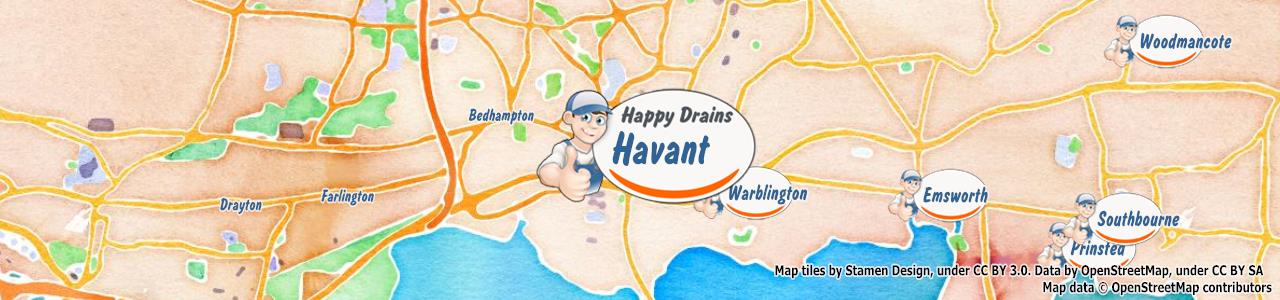 Service area map showing Happy Drains coverage across Rowlands Castle (PO9)