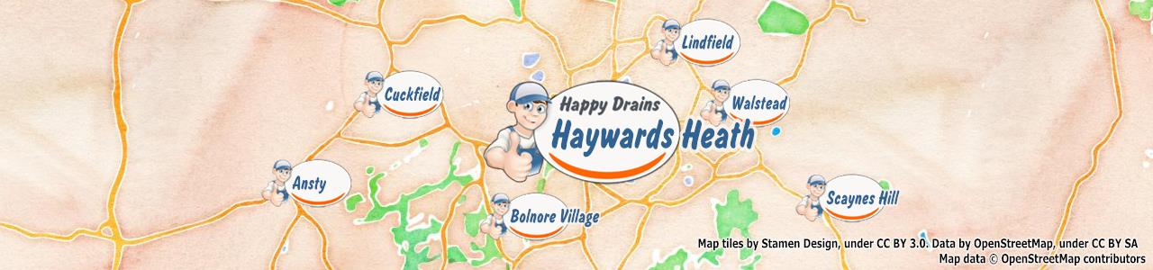Service area map showing Happy Drains coverage across Haywards Heath (RH16)