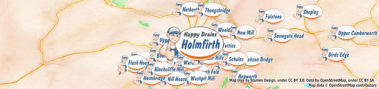 Service area map showing Happy Drains coverage across Holmfirth, Brighouse, Huddersfield (HD1, HD6, HD9)