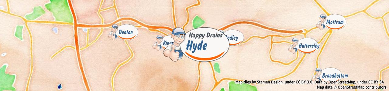Service area map showing Happy Drains coverage across Hyde, Dukinfield, Stalybridge (SK14, SK15, SK16)