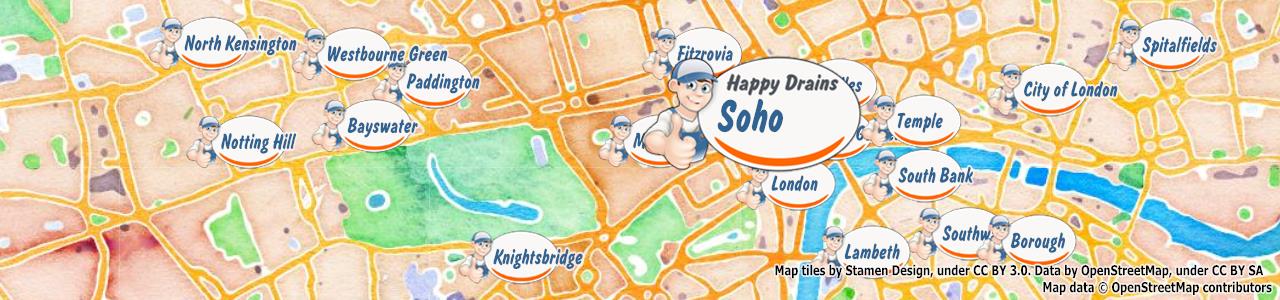Service area map showing Happy Drains coverage across Mayfair North (W1K)