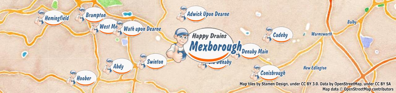 Service area map showing Happy Drains coverage across Mexborough, Swinton, Wath upon Dearne, Goldthorpe, Bolton upon Dearne (S64)