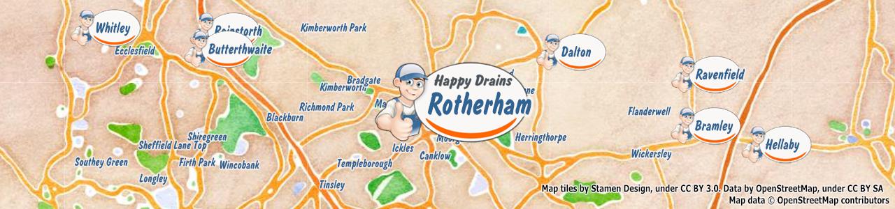Service area map showing Happy Drains coverage across Rotherham, Sheffield City Centre, Masbrough, Kimberworth, Templeborough (S60, S1)
