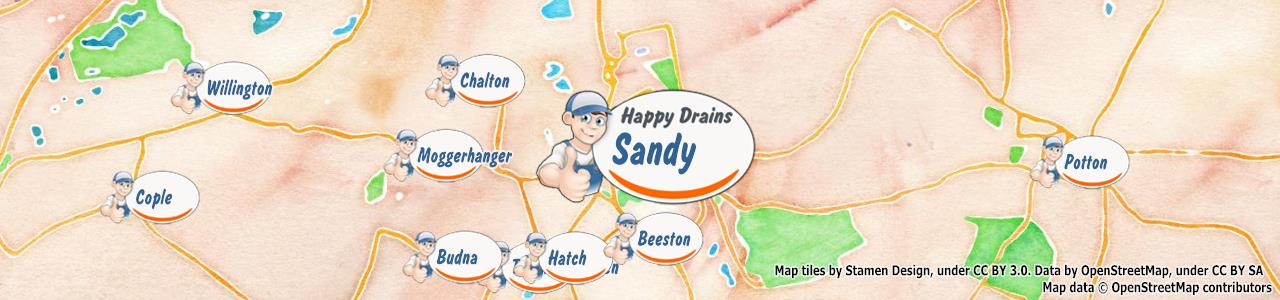 Service area map showing Happy Drains coverage across Sandy, Arlesey, Biggleswade, Henlow, Shefford (SG15, SG16, SG17, SG18, SG19)