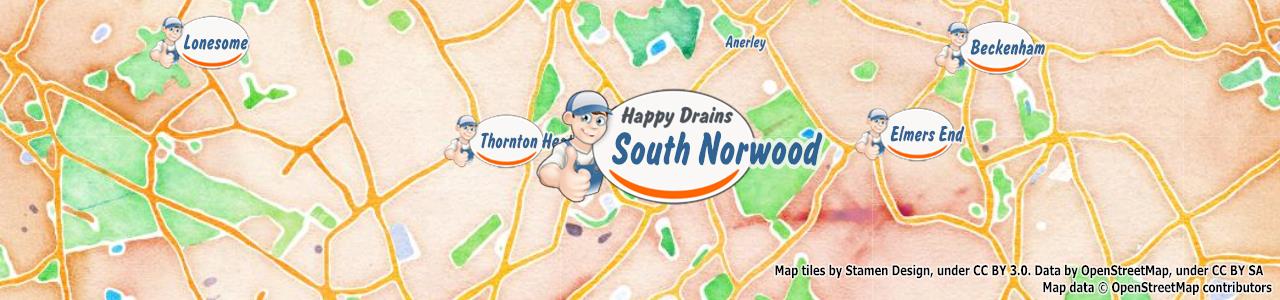 Service area map showing Happy Drains coverage across South Norwood (SE25)