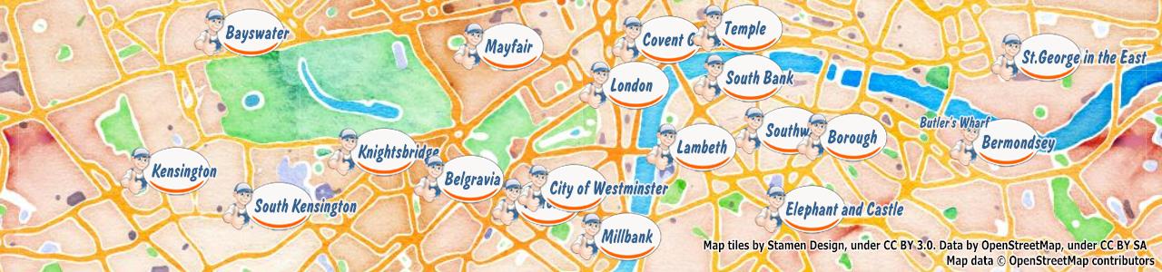 Service area map showing Happy Drains coverage across South West London (SW1)
