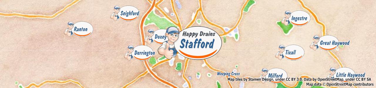 Service area map showing Happy Drains coverage across Stafford, Stone (ST15, ST16)