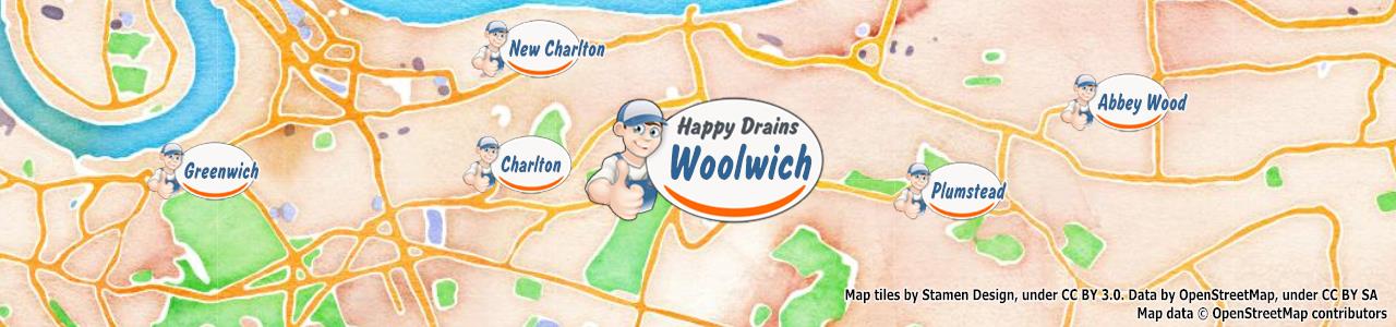 Service area map showing Happy Drains coverage across Woolwich (SE18)