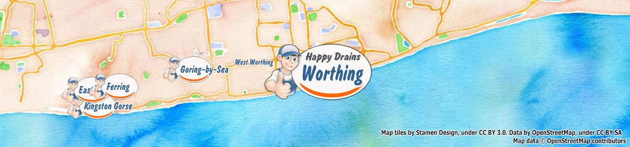 Service area map showing Happy Drains coverage across Worthing (BN11)